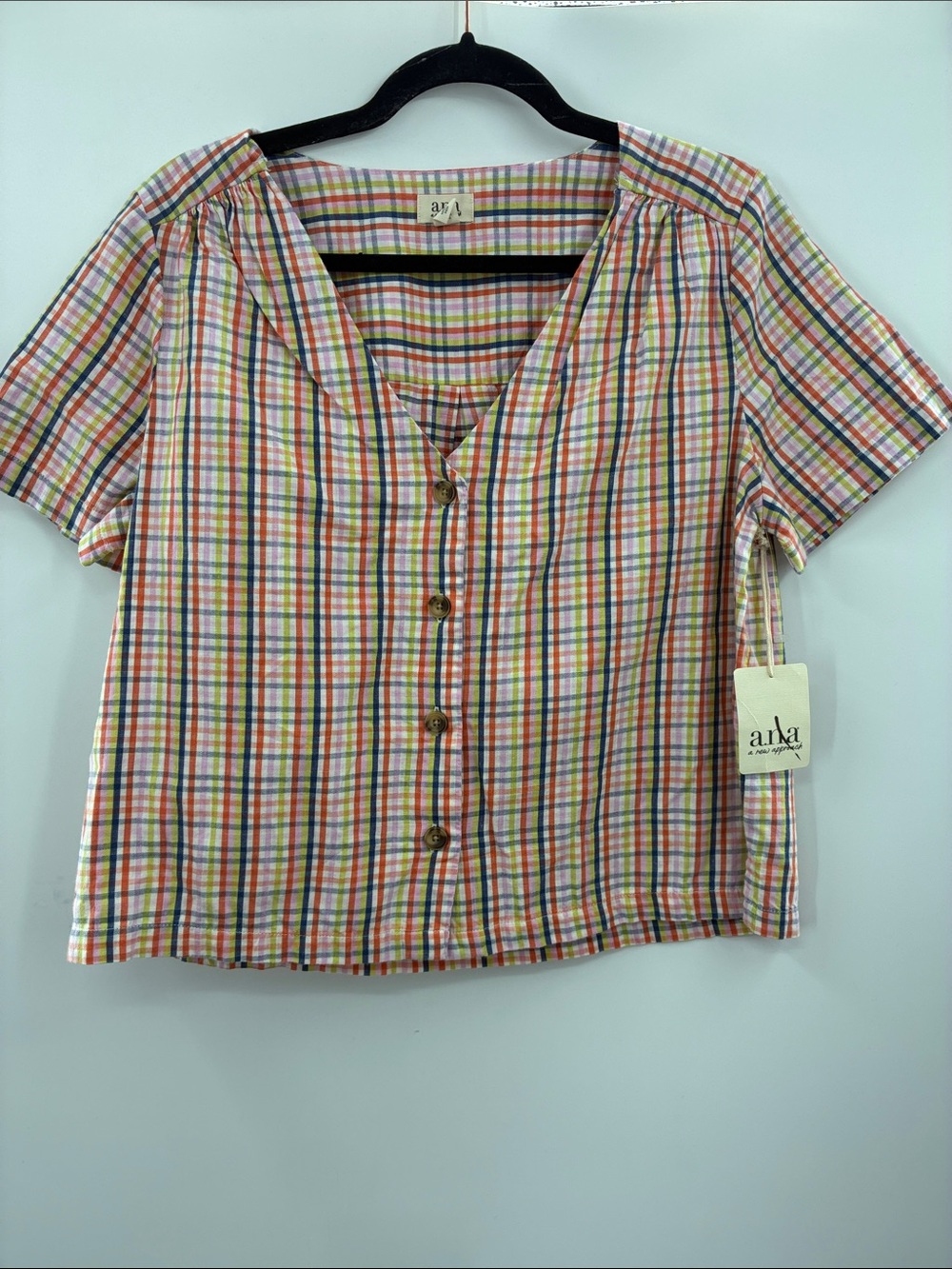 a.n.a Pink Green Blue Plaid Short-Sleeve Button-Front Top size Small